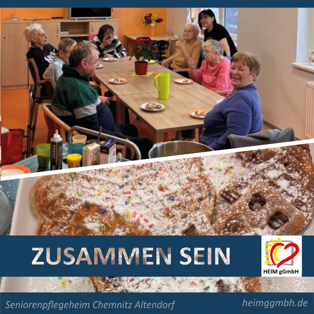 Seniorenpflegeheim Chemnitz Altendorf - die Bewohner backen zusammen Waffeln und haben Spaß beim Essen und gemeinsamen Lachen